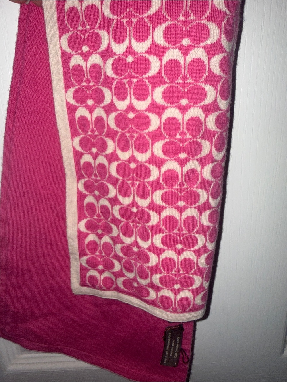 Coach Hot Pink Knit Scarf with Logo Tags - Picture 3 of 4